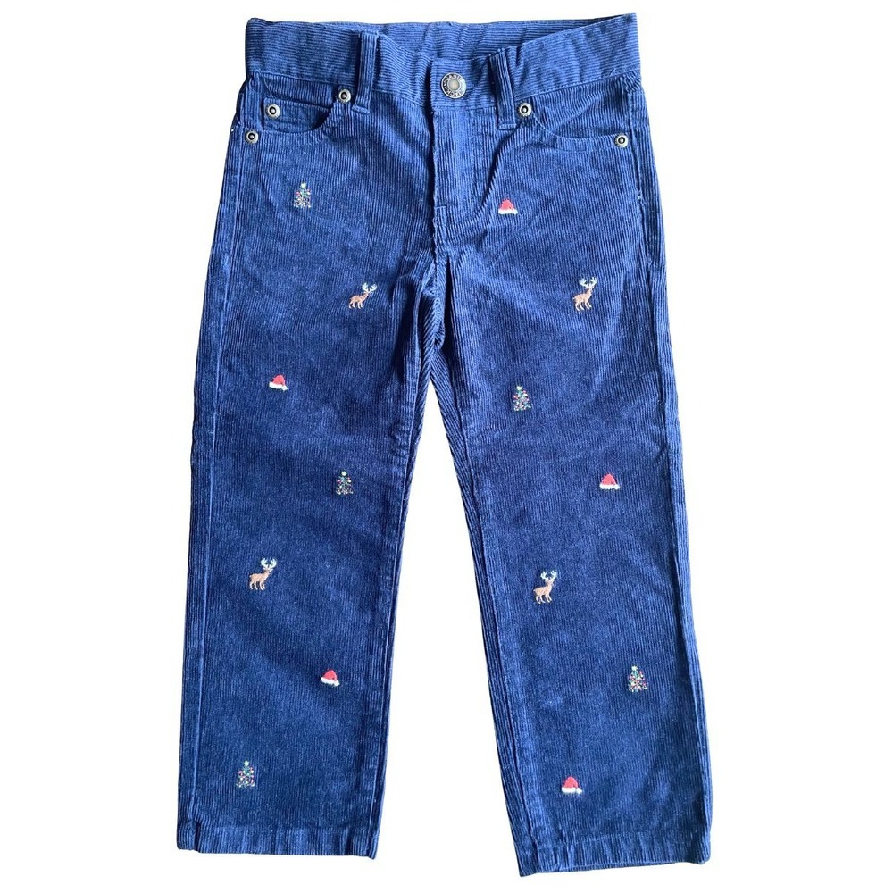 Janie and Jack Navy Corduroy Christmas Pants Embroidered Deer Santa Toddler 3